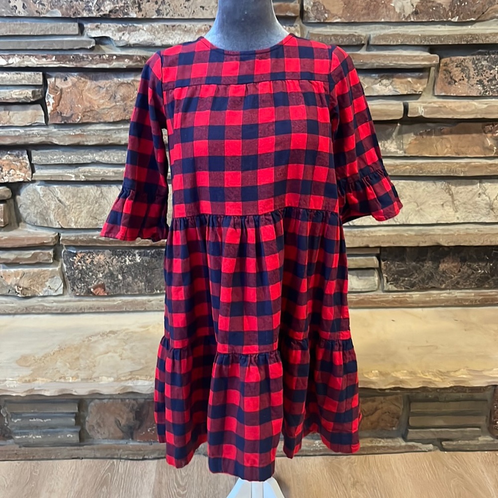 Hanna Andersson Red and Navy Buffalo Check Flannel Tiered Dress